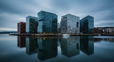 Modern City Buildings Reflecting in Water.