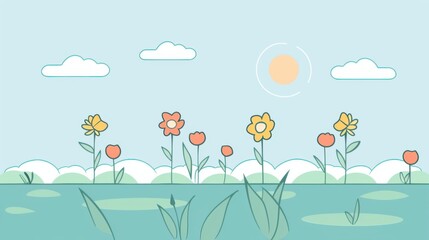 Bright Spring Illustration: Hand-Drawn Sea of Flowers with Yellow, White & Red Blooms for Wallpaper