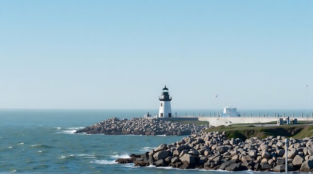 White Lighthouse on a Rocky Breakwater Overlooking the Ocean