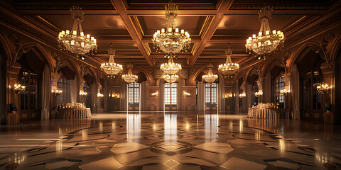 Opulent ballroom with marble floor, golden chandeliers, arched doorways, warm elegant lighting, spacious luxurious ambiance