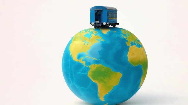 3D passenger coach on tiny planet isolated on white background