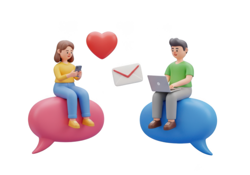 Couple connecting online with heart and message symbols isolated on transparent background