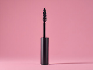 Black mascara wand and holder on pink background