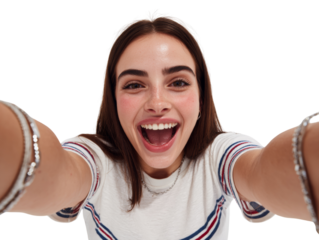 Enthusiastic young woman joyfully capturing a selfie with arms extended in a transparent background