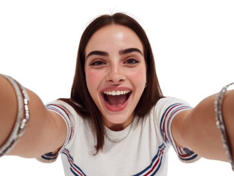 Enthusiastic young woman joyfully capturing a selfie with arms extended in a transparent background - Powered by Adobe