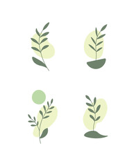 Set of Four Simple Minimalist Abstract Green Foliage Illustrations with Organic Background Shapes in Bright Studio