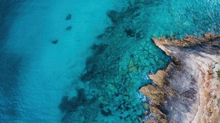 Obraz premium Aerial View of Rocky Coastline with Clear Turquoise Water