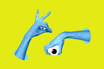 Banner artwork trend collage of human hand show mouth imitation eyeball stare fake news propaganda non verbal communication
