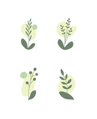 Set of Four Simple Minimalist Abstract Green Plant Illustrations, Botanical Elements in Bright Studio