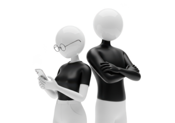 Two stylized figures one using a smartphone the other with arms crossed isolated on transparent background
