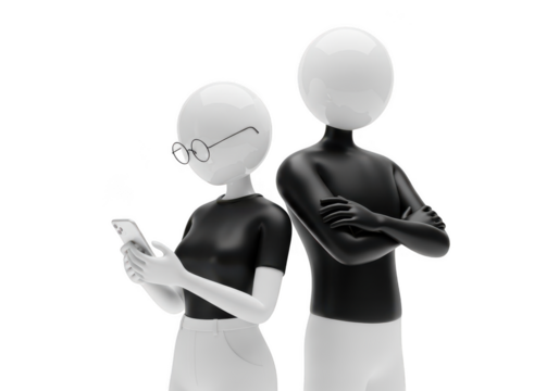 Two stylized figures one using a smartphone the other with arms crossed isolated on transparent background