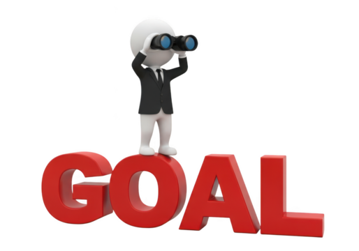 Businessperson with binoculars standing on the word goal isolated on transparent background