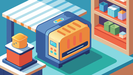 A cartoonish drawing of a kitchen with a toaster oven and a microwave. The kitchen is small and colorful, with a blue and green refrigerator and a red and yellow oven. Scene is playful and whimsical