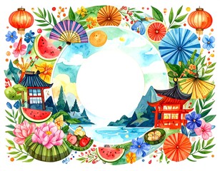 Watercolor frame with Asian-inspired elements
