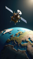 Miniature satellite floating above detailed Earth globe - metaphor of observation and communication.