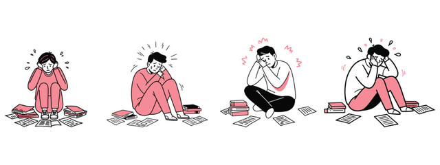 Naklejka premium Young man sitting on floor surrounded by papers, stressed vector illustration