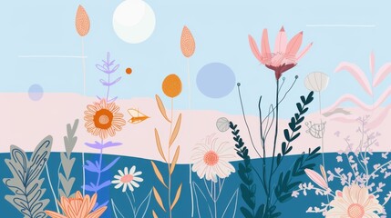 Bright Spring Illustration: Hand-Drawn Sea of Flowers with Yellow, White & Red Blooms for Wallpaper