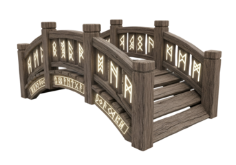 A detailed 3D model of an arched wooden bridge, adorned with glowing runes, against a stark black background.