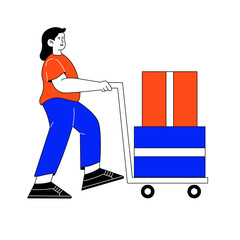 Modern Flat Line Illustration Woman Pulling Hand Truck with Boxes