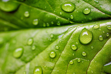 Macro image of water droplets on green leaves, close-up of rainy season drops rainwater on the leaf