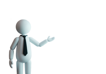 A simple white businessman figure wearing a tie and shirt presenting an idea isolated on transparent background