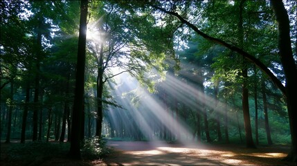 Obraz premium Sunlight beams filter through dense forest canopy in early morning hours