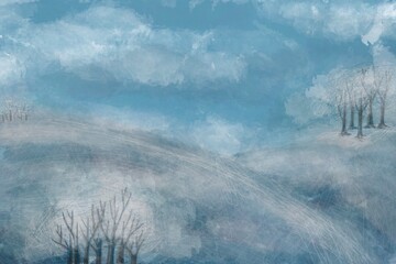 Winter dreamscape with frosty trees and soft snowy hills