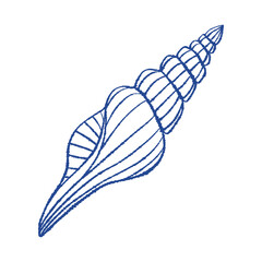 Single spiral seashell in Mediterranean style. Blue continuous ink line drawing. Vector hand drawn illustration for branding, packaging, beach design, print, stickers, decor