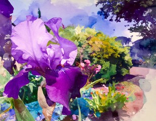 Watercolor garden scene with a vibrant purple iris