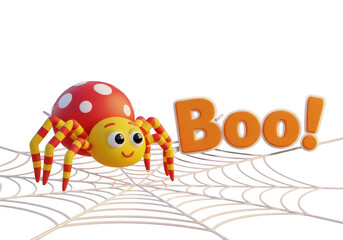 Cute cartoon spider with red polka dot body on a web with the word boo isolated on transparent background