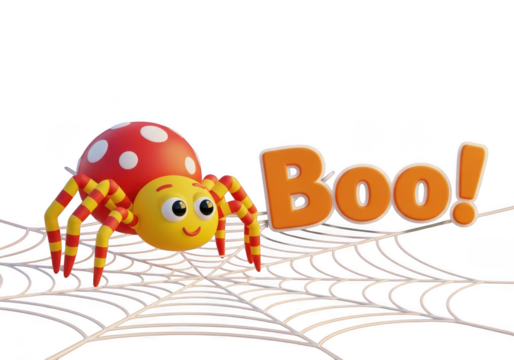 Cute cartoon spider with red polka dot body on a web with the word boo isolated on transparent background