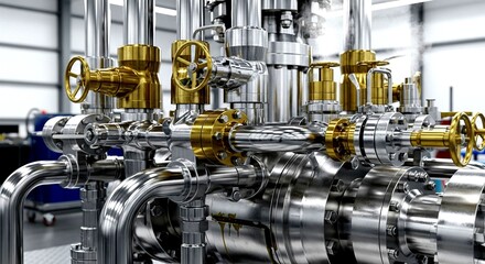 The Heart of Industry: A Detailed Close-up of a Complex Industrial Machine with Stainless Steel Pipes and Brass Valves. Oil related machinery 