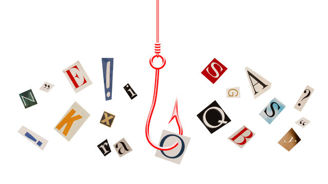 Creative collage. Red hook catching cutout letters in ransom style typography on white background. Concept of content hooks, attention grabbers, manipulative headlines, and editorial psychology.