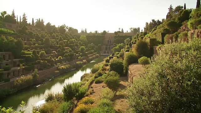 Ancient Egyptian Temple Carvings Overlooking the Lush Nile River Valley.