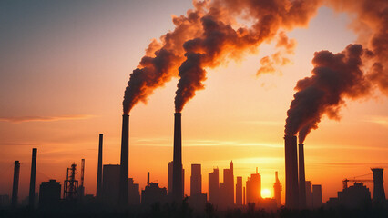 City skyline at sunset with tall smokestacks releasing thick smoke into the sky
