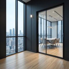 Modern office conference room with minimalist interior: City view, wooden floor, and glass partition
