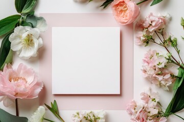 Blank square greeting card, invitation mockup. Blossom flowers plant on pink table background. Flat lay, top view. Copy space. Frame mock up. Modern Minimal business brand template. Soft shadow. Roses