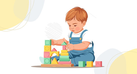 Young child building with colorful toy blocks, learning and playing concept