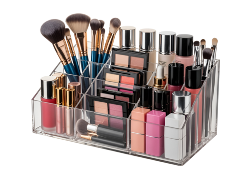 A clear acrylic makeup organizer showcases a collection of cosmetic products, including various shades of lipstick, eyeshadow palettes, and makeup brushes.