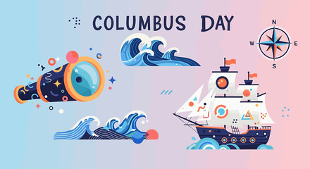 Festive Columbus Day themed nautical design, with a sailing exploration spirit