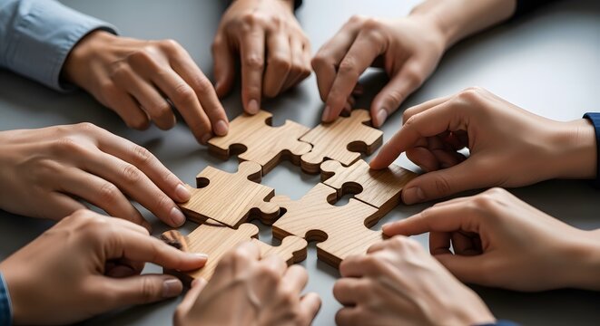 Teamwork and collaboration Hands coming together to solve a jigsaw puzzle, representing unity and problem-solving in business - Powered by Adobe