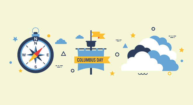 Stylized Columbus Day Illustration with Compass and Clouds in Blue Tones