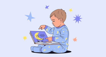 Fototapeta premium Young Child Reads a Bedtime Story Under a Sky Full of Stars for Relaxation