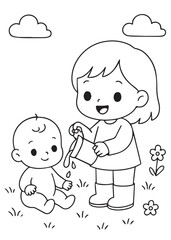 coloring book baby and sibling blowing bubbles together outdoors