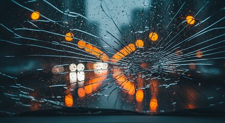 Shattered windshield, night city view