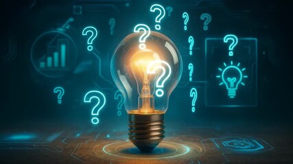 Lightbulb with Question Marks and Charts on Digital Innovation Workspace - Powered by Adobe