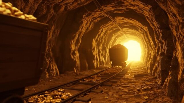 Mine cart filled with rock inside a tunnel interior mining industry