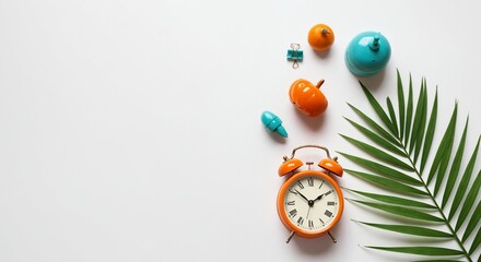 Vibrant Orange and Teal Flat lay with Clock and Palm Leaf on white background