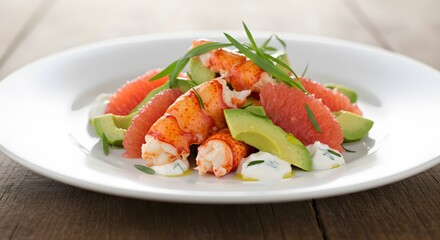 Lobster Salad with Grapefruit and Avocado on White Plate