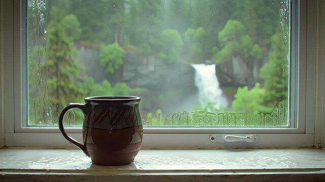 Cozy coffee mug on a windowsill with a scenic view of a forest waterfall on a rainy day.